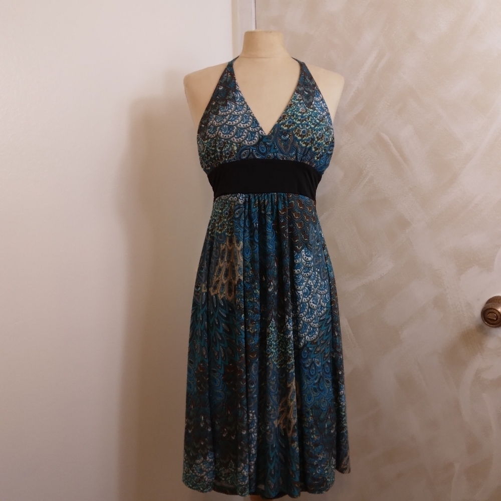Size S Cristina Love Peacock Printed Halter Open Back Sleeveless Dress